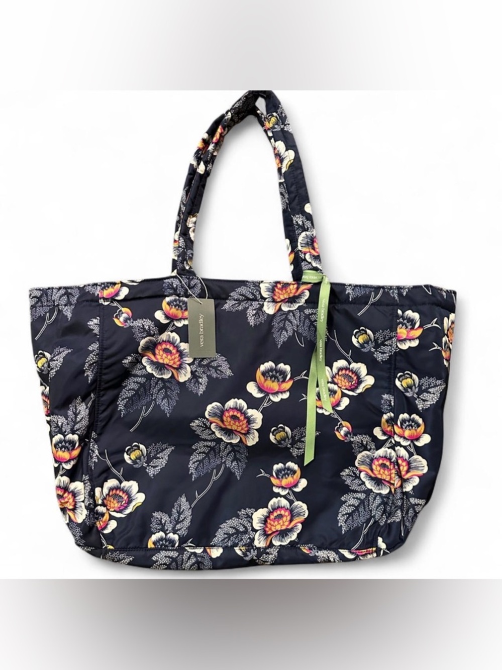 Vera Bradley Navy Floral Quilted Tote with Yellow-Pink Blooms